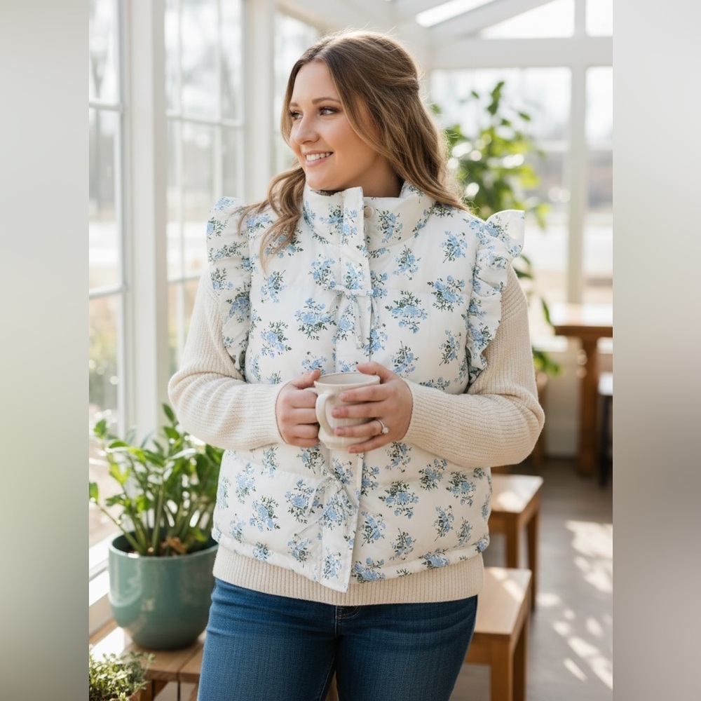 Very J Floral Ruffle Preppy Puffer Vest